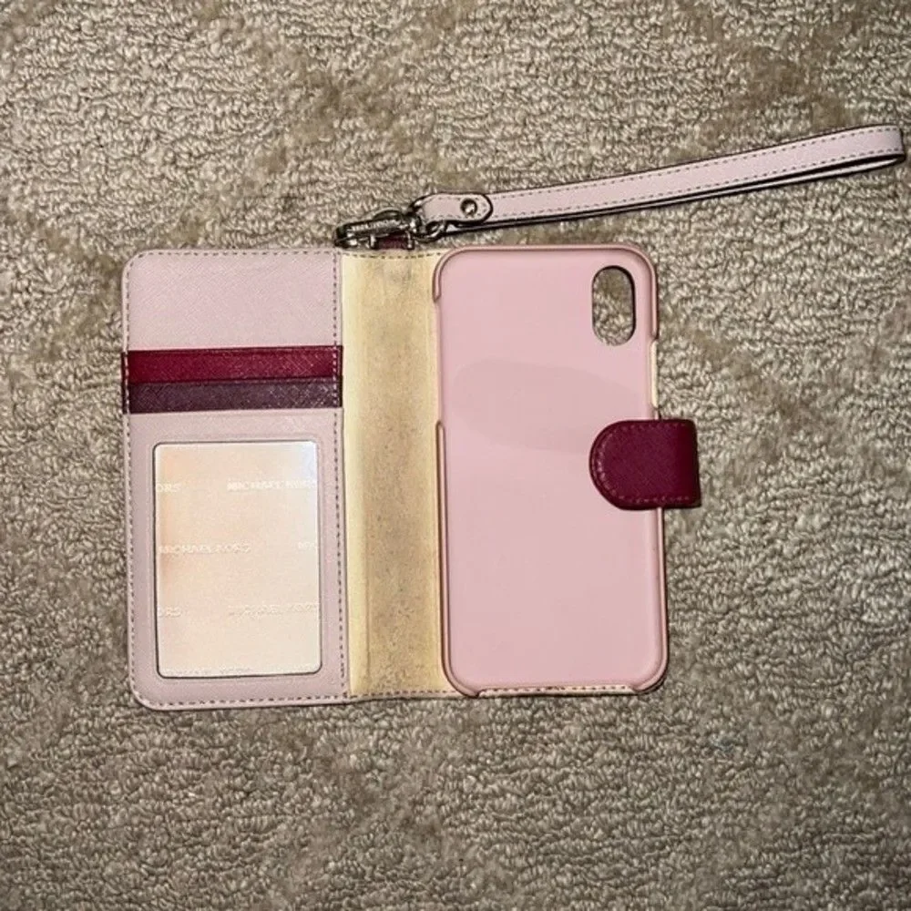 Michael Kors Saffiano Leather Folio Case for iPhone X – Burgundy – 3 Card Slots